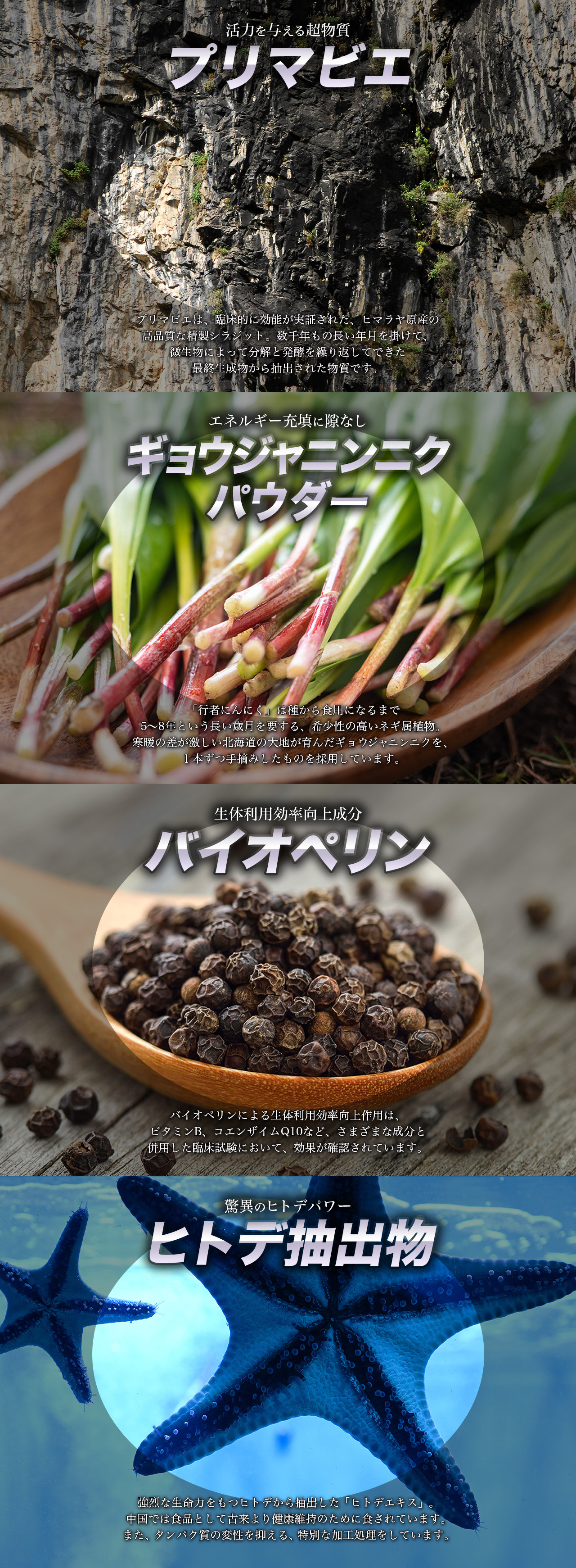 プリマビエ、ギョウジャニンニクパウダー、バイオペリン、ヒトデ抽出物